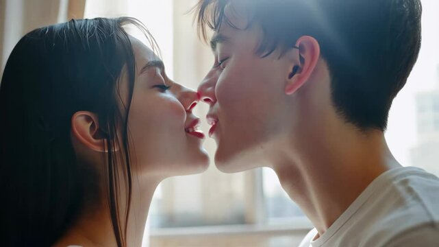 close up portrait, young Asian teenager love couple man and woman romantic kissing at home 