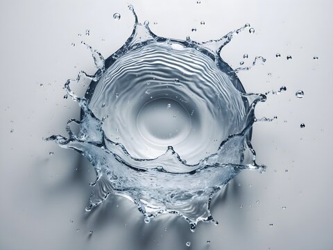 Expanding Water Texture: A splash of clear water expands outward, showcasing intricate textures and a dynamic, symmetrical composition