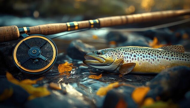 A large brown trout rests on rocky terrain next to a classic fishing rod and reel. Autumn leaves surround the scene, capturing a peaceful moment in nature at a fishing spot - Powered by Adobe