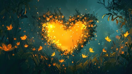 Enchanted Forest Heart Glowing Flowers Night Magic Fantasy Art