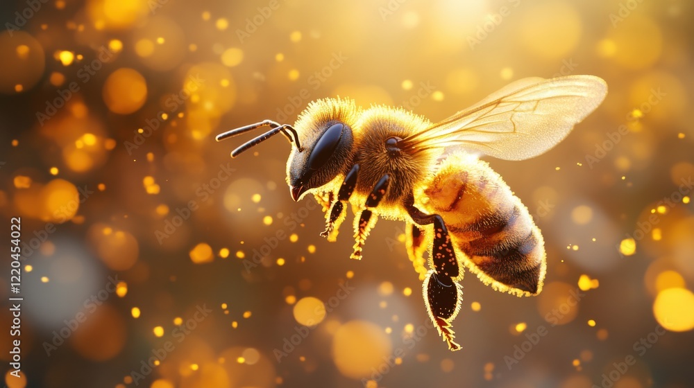 Poster close-up of a bee in mid-flight against a shimmering golden background with soft bokeh