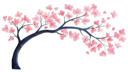 Watercolor Tree with Pink Blossoms and Leaves in Soft Pastel Shade on White Background