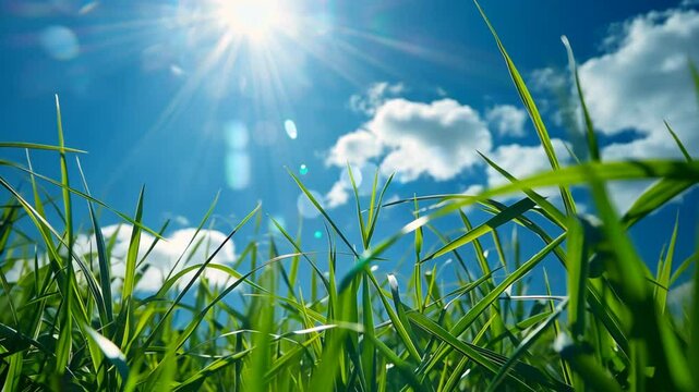 lower perspective green grass against bright sunny day blue sky 