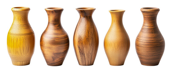 PNG Unique wooden vases displayed in a row