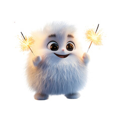 Fluffy 3D Cartoon Character Holding Glowing Sparkler Isolated on Transparent Background