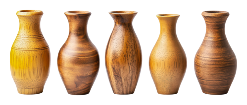 PNG Unique wooden vases displayed in a row