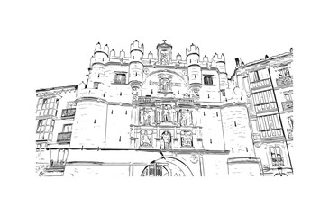 Print Building view with landmark of Burgos city in Spain. Hand drawn sketch illustration in vector.