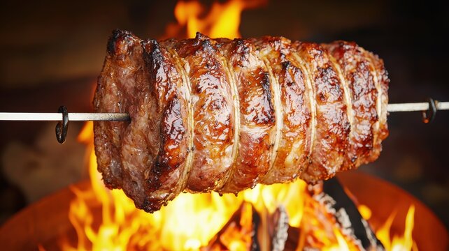 A succulent piece of meat roasting on a spit over an open flame, showcasing a crispy exterior and smoky aroma.