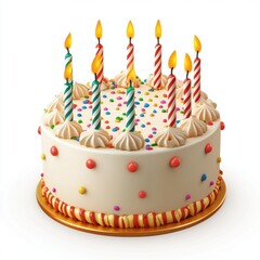 3D icon cartoon birthday cake with lit candles and sprinkles isolated on a white background