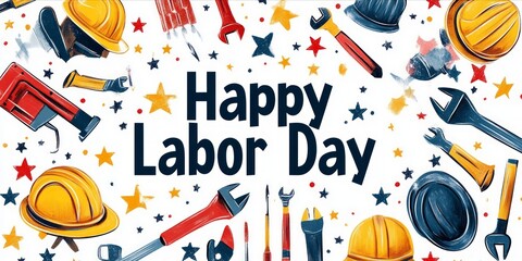 Labor day graphic highlighting construction tools, protective headgear, and patriotic stars, honoring hardworking professionals across industrial sectors