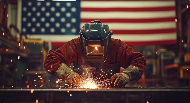 Skilled welder working on metal fabrication in a workshop with American flag backdrop - Powered by Adobe