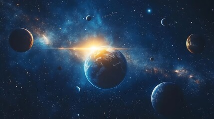 A blue galaxy background with planets and comets