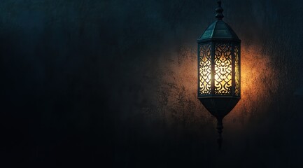 Arabic lantern of Ramadan hanging on a wall with a night sky background