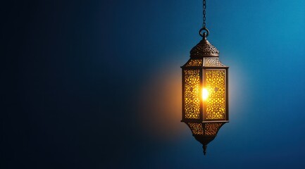 Arabic lantern of Ramadan hanging on a wall with a night sky background