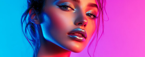 Obraz premium Vibrant Neon Portrait of Woman with Glitter Makeup