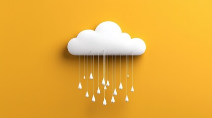 White cloud with raindrops on vibrant yellow background in minimalistic design concept