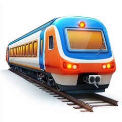 3D icon cartoon commuter train with lit windows, isolated on a white background 