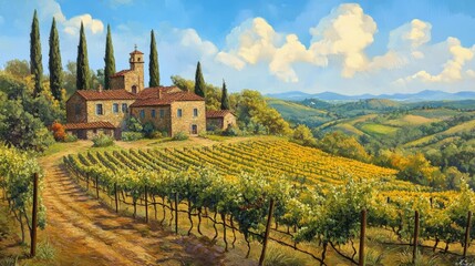 Naklejka premium Tuscan Villa Vineyard Landscape Under Sunny Skies