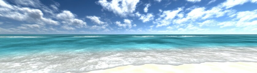 Obraz premium Sunny beach, turquoise water, blue sky, waves. Vacation background