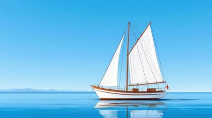 Fototapeta premium Peaceful Sailing Boat on Calm Water Under Clear Blue Sky with Reflection