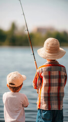 Fishing at serene lake with children enjoying nature beauty
