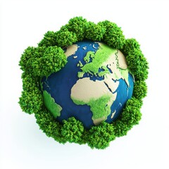 3D icon cartoon globe with vibrant green trees growing on top, isolated on a white background -