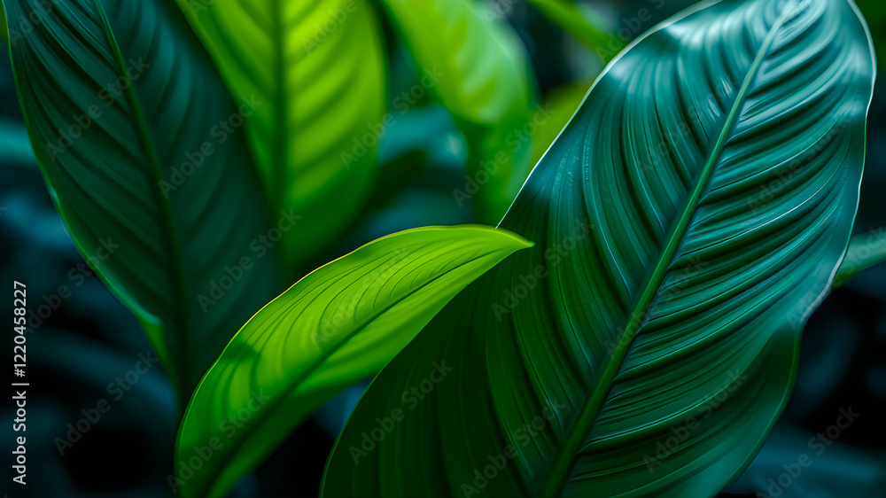 Sticker Beautiful closeup of green leaves with bright background. Abstract tropical green leaves pattern, lush foliage with soft sunlight, artistic nature pattern. 