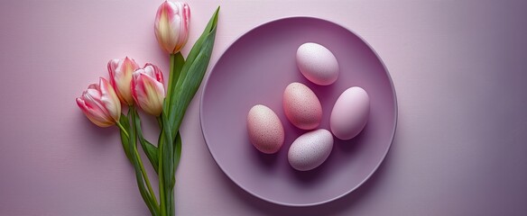 Fototapeta premium Colorful Easter eggs and pink tulips arranged on a lavender plate for spring celebrations