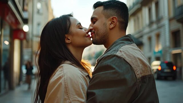 love couple kissing at city street