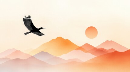 Naklejka premium Silhouette of a Bird Flying Over Abstract Mountain Landscape at Sunset with Warm Tones