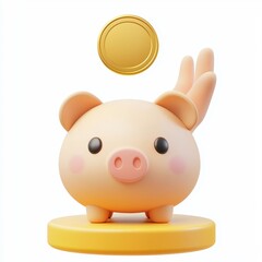 Fototapeta premium 3D icon cartoon hand holding a golden coin above a piggy bank isolated on a white background 