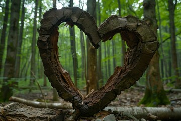 Fototapeta premium Wooden heart standing in a green forest, representing love for nature and environmental protection