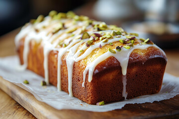 close-up of a freshly baked loaf cake with a golden-brown crust, topped with a drizzle of white icing and sprinkled with chopped pistachios, served on parchment paper over a wooden board 