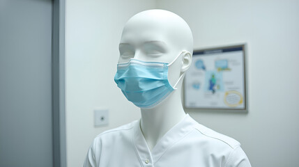 Fototapeta premium Medical mannequin wearing a blue surgical mask in a clinical setting for training and education purposes