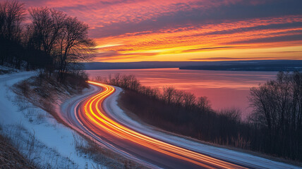 Vibrant Sunset Over a Winding River Road in Winter
