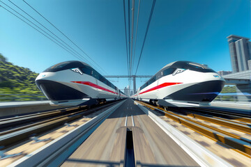 High-speed trains pass each other on parallel tracks and the camera is placed low between the tracks 