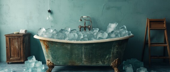 Bathtub filled with ice cubes in a serene bathroom setting featuring a calming blue background and elegant design
