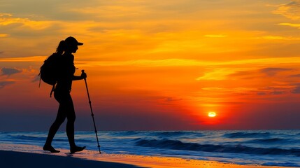 Female hiker standing barefoot on sandy beach, silhouetted against golden sunrise, carrying backpack and trekking poles, overlooking gentle ocean waves