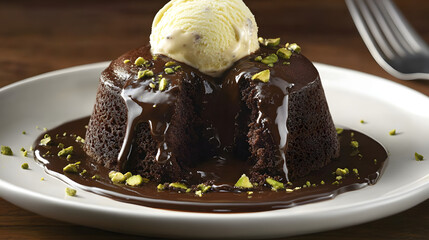 A rich molten chocolate cake with a flowing center, served with a scoop of pistachio ice cream and a drizzle of chocolate sauce.