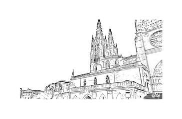 Print Building view with landmark of Burgos city in Spain. Hand drawn sketch illustration in vector.