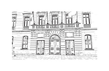 Print Building view with landmark of Burgos city in Spain. Hand drawn sketch illustration in vector.