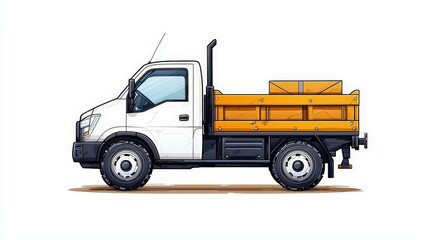 White Delivery Truck with Orange Cargo Bed, Side View, Illustration for Transportation Concepts