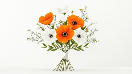 Vibrant Bouquet of Orange and White Poppies with Green Foliage on a Minimalist Background