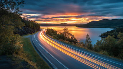 Naklejka premium Scenic Sunset Over Lake With Winding Road And Light Trails