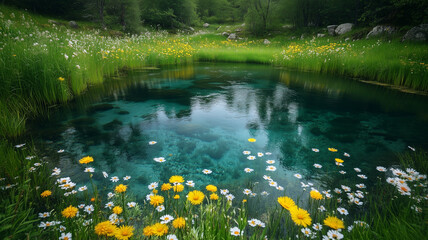 Serene Pond Surrounded by Vibrant Wildflowers