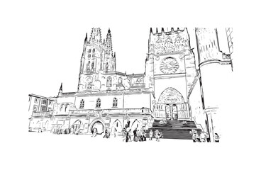 Print Building view with landmark of Burgos city in Spain. Hand drawn sketch illustration in vector.