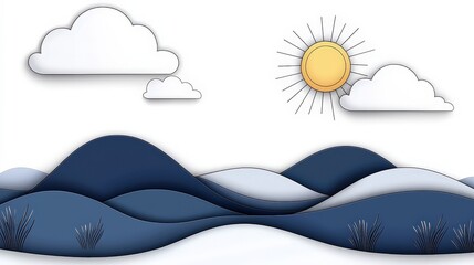 Serene Landscape with Rolling Hills, Sun, and Clouds in a Minimalist Paper Cut Style
