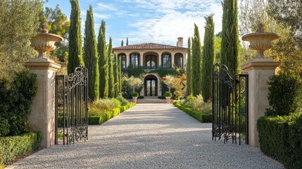 Fototapeta premium Mediterranean Villa Entrance: Majestic Estate with Ornate Gates and Lush Landscaping