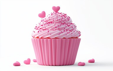 3D icon cartoon pink cupcake with heart sprinkles isolated on a white background