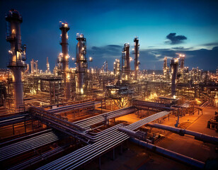 A large industrial area with many pipes and a lot of lights. The lights are on at night